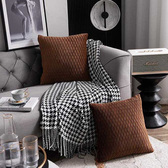 Light Brown Throw Pillow Cases: 2 Pack 18x18 Inch Original Stripe Velvet Square Decorative Pillow Covers for Farmhouse Couch