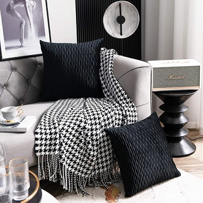 Black Striped Decorative Pillow Covers: 2 Pack 18x18 Inch Original Velvet Square Throw Pillow Cases for Farmhouse Couch