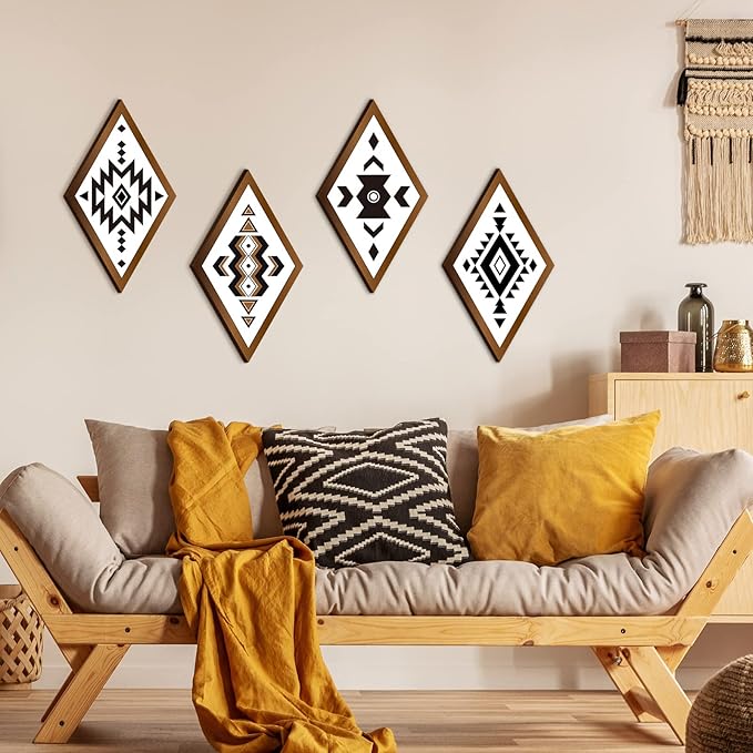 Nuenen 6 Pcs Aztec Wall Decor, Farmhouse Southwest Home Decor, Boho Wall Art Western Geometric Diamond Frame Hanging Aztec Print Abstract Shape Wood Modern Art Decoration for Bedroom Bathroom Office