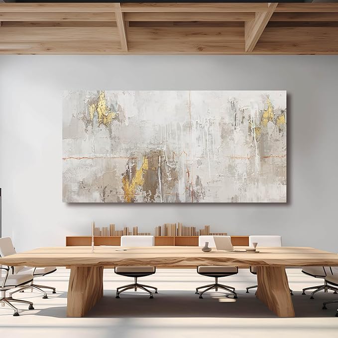 VAYIMDH Minimalist Wall Decor White with Gold Canvas Wall Art Grunge Posters Modern Abstract Paintings for Living Room Bedroom Dining Room 29"x 58"