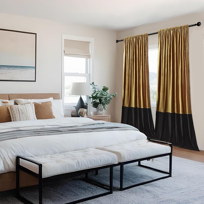 Velvet Curtains 96 inches Long for Living Room Gold Black,2 Panels Blackout Curtains Modern Color Block Back Tab Rod Pocket Soundproof Drapes for Bedroom Window Decor