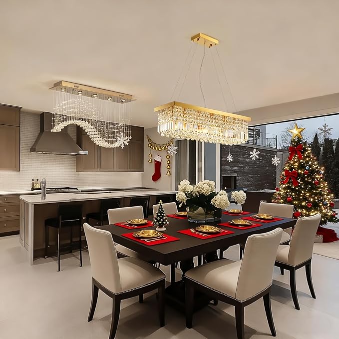 Siljoy 6-Light Modern Crystal Chandelier Rectangular Gold K9 Crystal Raindrop Chandelier for Dining Room, Luxury Adjustable Ceiling Pendant Light for Living Room Kitchen Island L31.5'' x W10'' x H10''