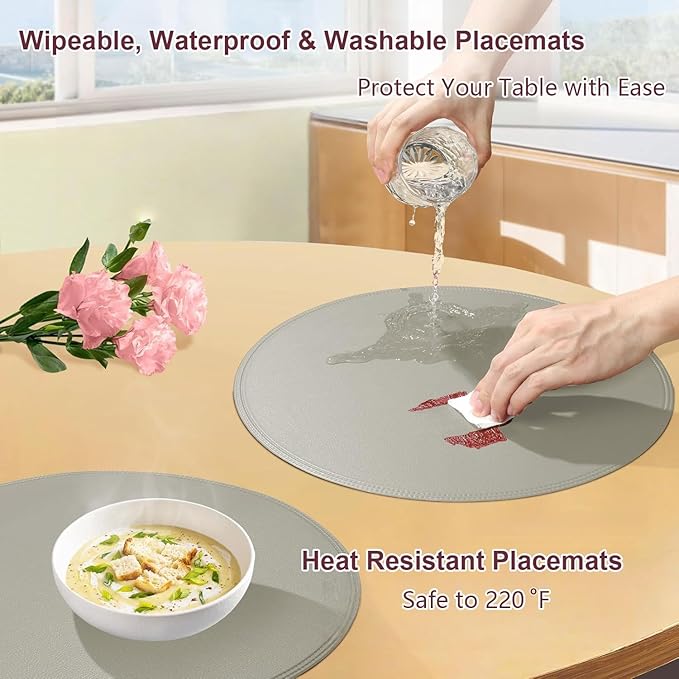 Round Vinyl Gray Placemats Set of 6, Faux Leather Waterproof Wipeable Heat Resistant Place Mats, Washable Table Mats for Halloween, Thanksgiving & Christmas Dinner(Gray)