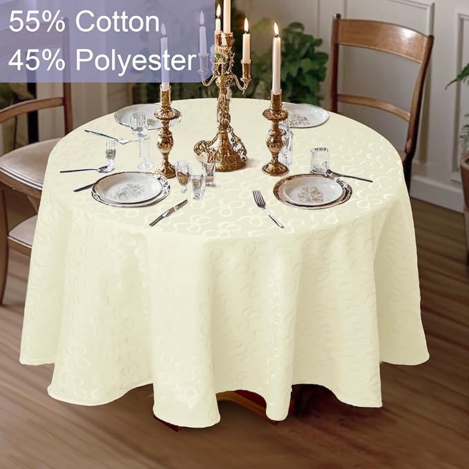 Round Tablecloth 70 Inch (4-6 Seat) - Cotton Polyester Blend, Wrinkle/Fade Resistant, Reusable - Luxury Jacquard Table Cloth - 1PC Circle Table Cover for Dining, Wedding & Birthday Party, Cream Bows