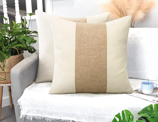 Pyonic Boho Throw Pillows 18X18 Farmhouse Decorative Throw Pillow Covers Stripe Patchwork Linen Cushion Case for Couch Living Room Bedroom Set of 2,Tan and White