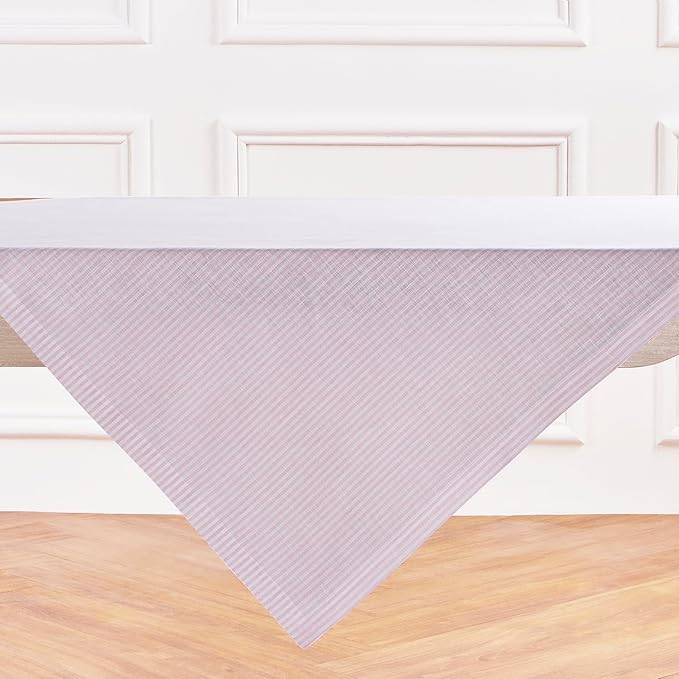 Solino Home Linen Striped Tablecloth 52 x 52 Inch - 100% Pure Linen Pink and White Square Table Throw - Narrow Stripe, Machine Washable Tablecloth