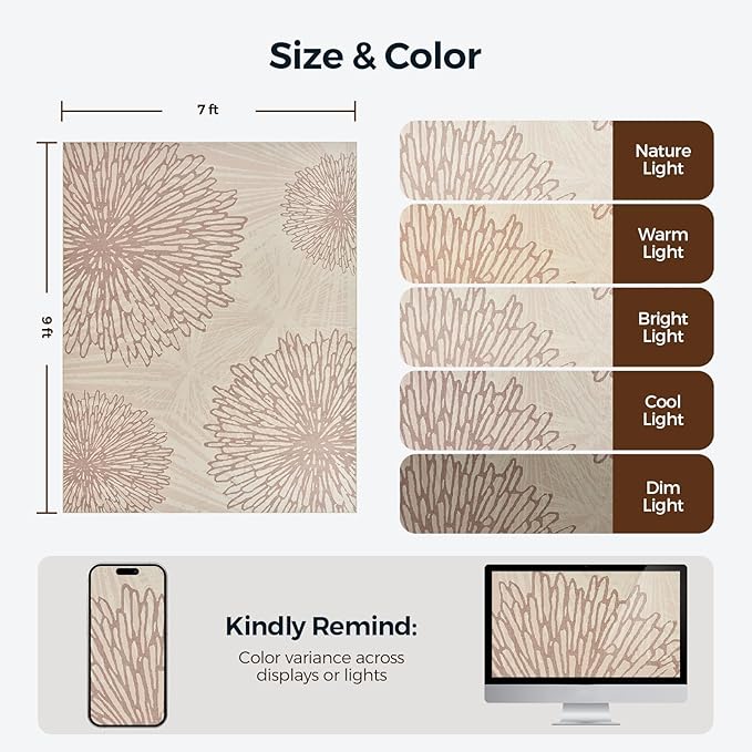 WITSHOCK 6x9 Area Rugs for Living Room: Beige Floral Washable Rugs for Bedroom Dining Room Office Nursery Modern Non-Slip Stain Resistant Low Pile Home Decor（Beige/Brown,6'x9'）