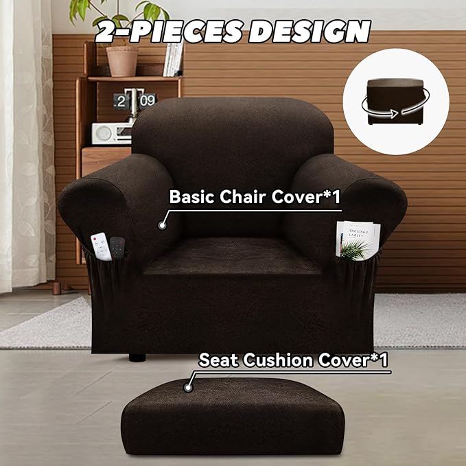 Chair Slipcover with Armrest Pockets 2-Piece Set, Stretch Faux Leather Chair Cover for Armchairs(Fits 31-45") - Non-Slip, Machine Washable, Pet & Kid Friendly - Dark Brown