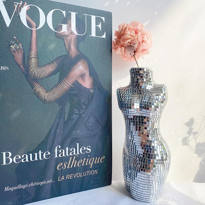 Modern Chic Vase Form, Centerpieces 7 inch Silver Handmade Ceramic Disco Shaped Vase, Creative Disco Floral Vases for Flowers Plant Boho Home Art Decor, 3x2.4x7inches