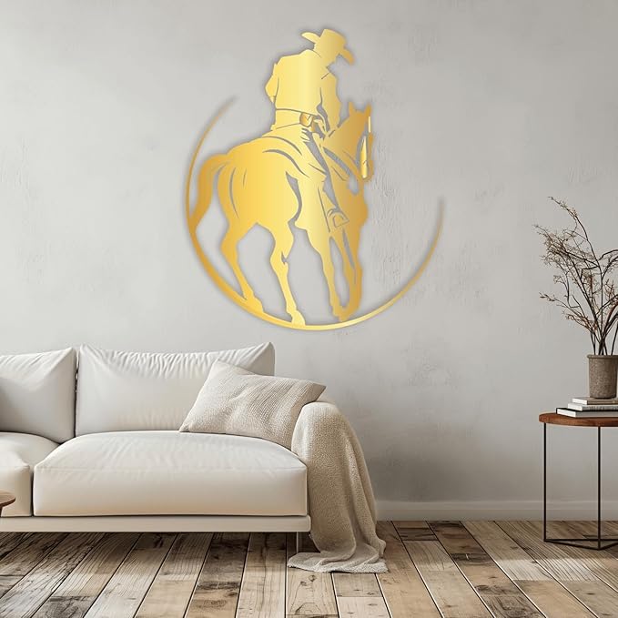 XXQ Metal Wall Art, Rustic Western Cowboy Metal Wall Decor Decorative Iron Sculpture for Bedroom Living Room and Outdoor Spaces (Gold, 24" x 24")