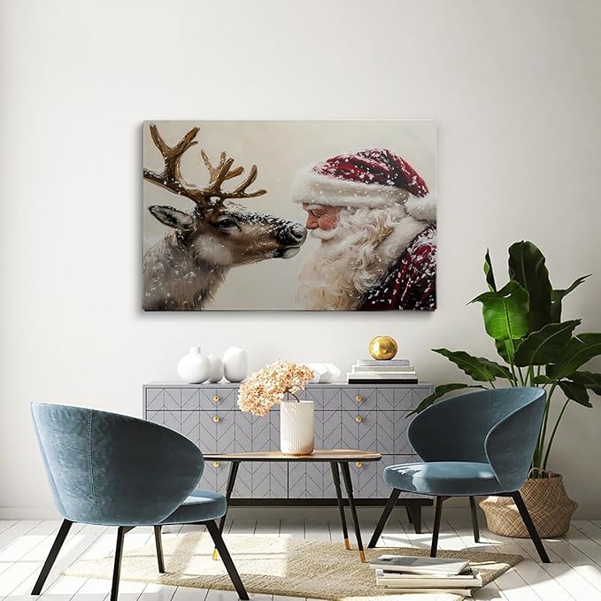 Retro Santa Wall Art Prints,Vintage Santa Reindeer Poster,Rustic Christmas Print,SantaClaus Painting,Winter Holiday Cottagecore Decor