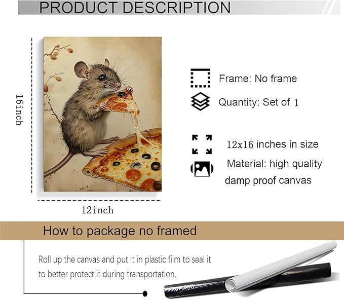 Eeuqiauot Funny Kitchen Wall Art Vintage Animal Poster Mouse Poster Pizza Posters for Wall Cute Animal Paintings Mouse Retro Print Kitchen Mouse Wall Art Vintage Picture 12x16inch Unframed