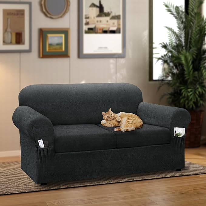 Loveseat Slipcover with Armrest Pockets 3-Piece Set, Stretch Faux Leather Love Seat Covers for 2-Cushion Couches(Fits 58-66") - Non-Slip, Machine Washable, Pet & Kid Friendly - Gray