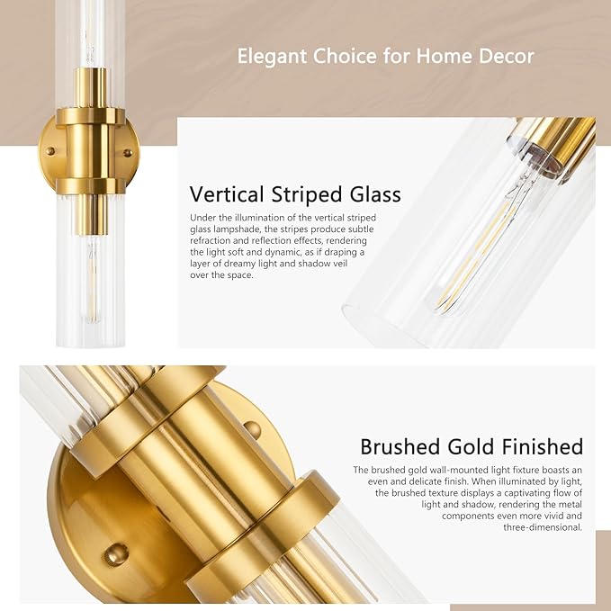 Gold Wall Sconces Set of Two, 17.5 inch Brushed Gold Vanity Light with Stripped Glass Shade, Indoor Wall Lights for Mirror, Bathroom, Kitchen, Living Room（2 Pack）