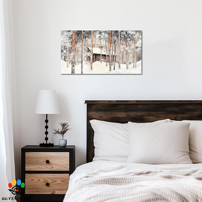 GUTTATY Winter Christmas Cabin Canvas Wall Art, Snow Forest Canvas Painting, Rustic Winter Scene Wall Decor, Textured Canvas Prints Pictures, Holiday Poster for Living Room, Bedroom, 16x8 Inch