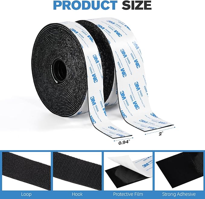 3M Hook and Loop Tape 2" x 12ft, Self Adhesive Strips with Strong 9448A Backing, Interlocking Nylon Fabric Fastener for Floor Mats, Tools, Signboards, Garage, Office Black