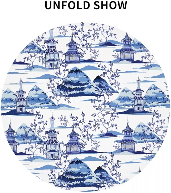Japanese Tablecloth, Blue Traditional Vintage Landscape Oriental Temple Chinoiserie Water Resisitant Wipeable Table Cover for Dining Kitchen Living Room Home Party Holiday Decor 70 inch Round