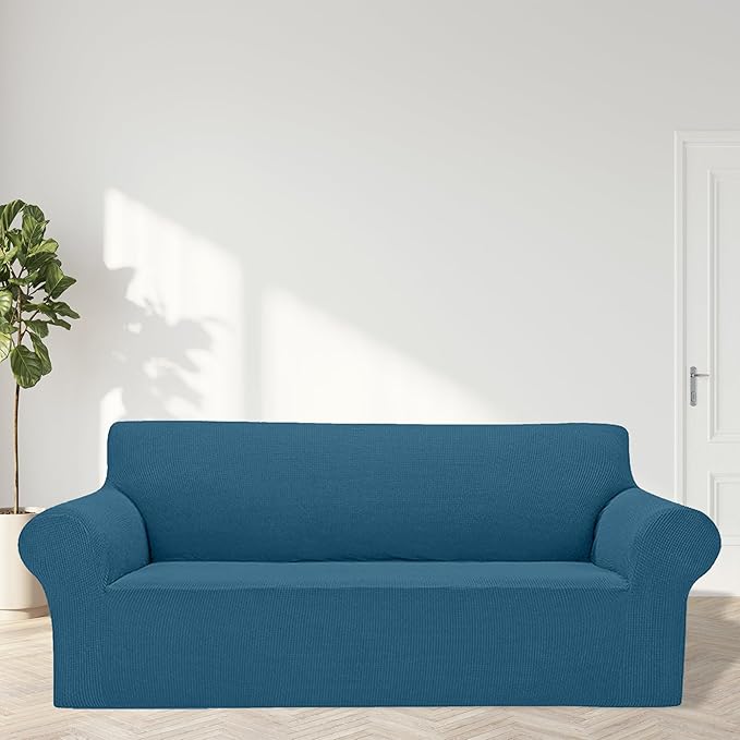 Cupuamon 2025 New Stretch Sofa Slipcovers Couch Cover for 3 Cushion Furniture Protector Sofa Covers with Elastic Bottom Jacquard Fabric Small Checks for Pets, Kids -Sofa, Peacock Blue