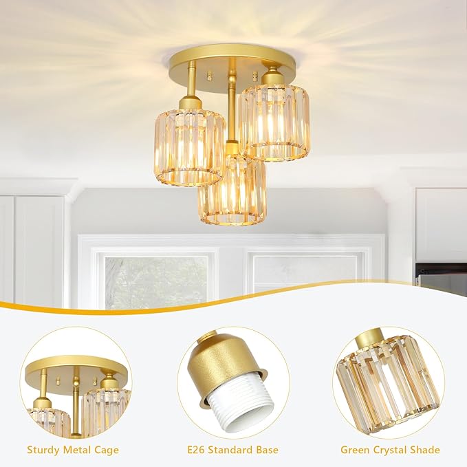 Semi Flush Mount Ceiling Light,3-Light Crystal Close to Ceiling Light Fixtures,Kitchen Light Fixture with Amber Crystal Shades,Hallway Light Fixtures for Kitchen Entryway Bedroom Bathroom