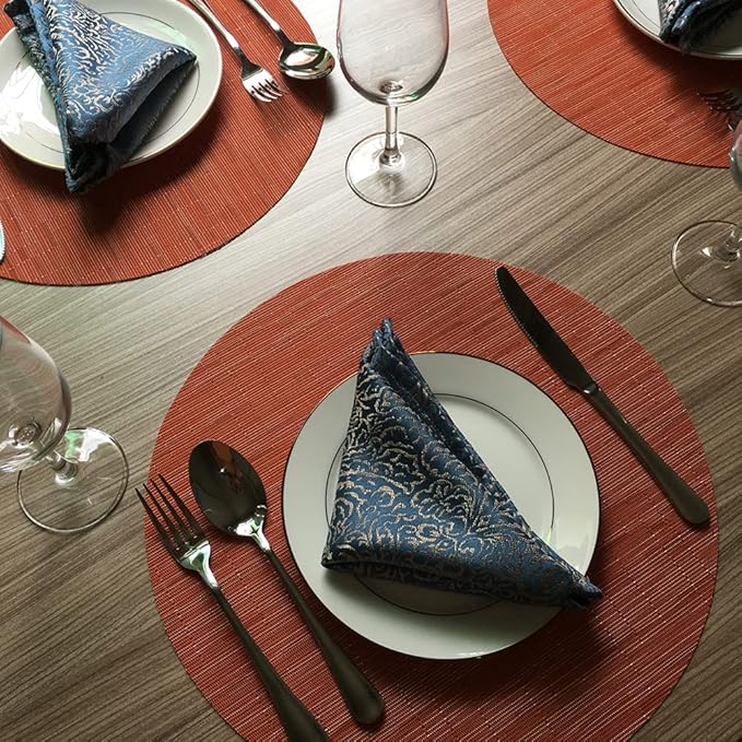 WAZAIGUR Round Placemats Set of 4 Woven Vinyl Easy to Clean Heat Resistant Kitchen Table Mats 15 Inch(Orange 4)
