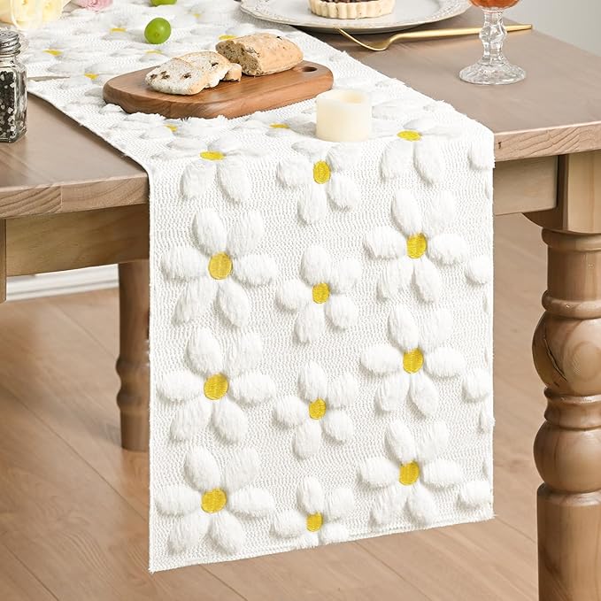 Artoid Mode White Soft Plush Faux Fur Jacquard Embroidery Daisy Spring Table Runner, Kitchen Dining Table Decoration for Home Party Decor 13x90 Inch