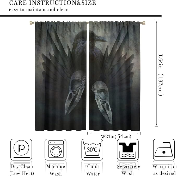 Gothic Blackout Window Curtains, Halloween Black Raven Crow Black Dark Wings Rod Pocket Window Treatments Drapes, for Living Room Bedroom 21(W)*54(L) 2 Panels
