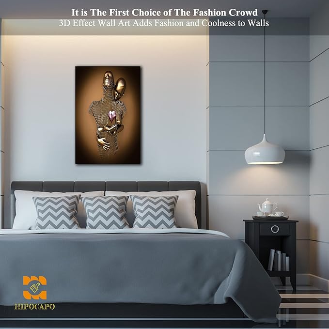 HIPOCAPO 3D Metal Effect Wall Art - Love Heart Canvas Art, Gold Decor for Modern Living Room, Framed Romantic Couple Room 12''x18''x1Pcs 3d Art-22