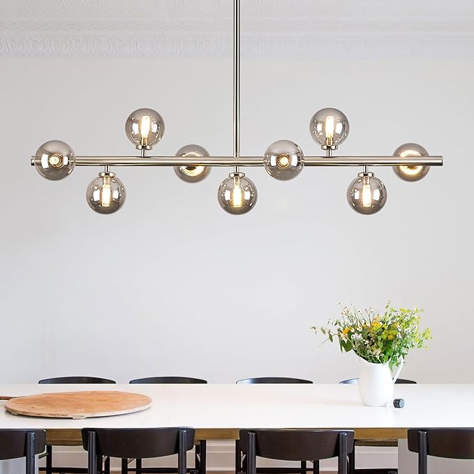 Mid Century Modern Globe Sputnik Chandelier, 9-Light Linear Chandeliers for Dining Room and Kitchen Island, Dining Light Fixture Over Table, Nickel and Smoke Grey Glass Bubble, 40 Inch