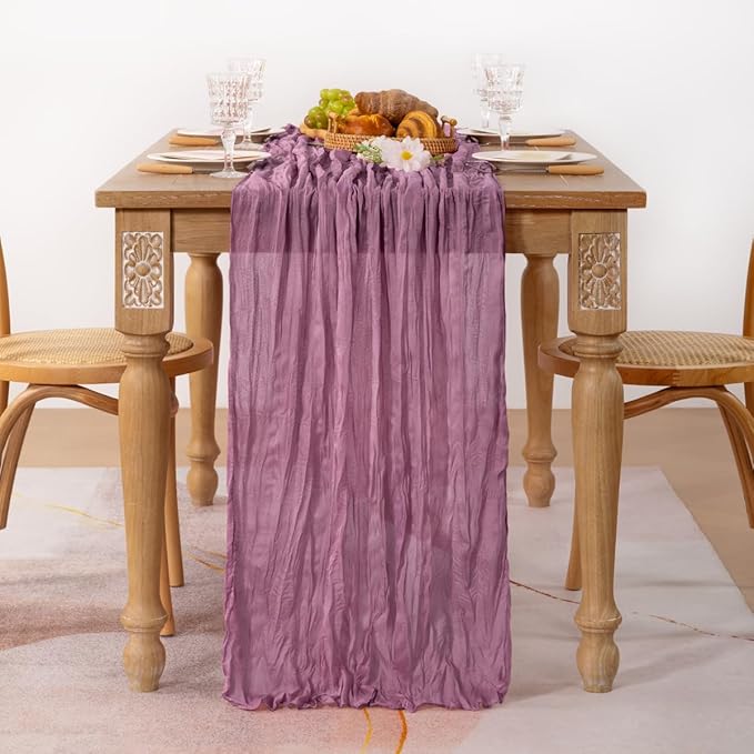 MLMC Purple Table Runner 10ft Rustic Gauze Cheesecloth Table Runner 35x120 Inches Sheer Cheese Cloth Centerpiece for Quinceanera Bridal Baby Shower Boho Wedding Home Decor