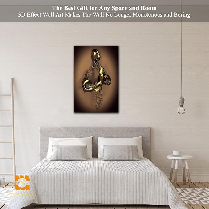 3D Metal Effect Wall Art - 3D Metal Effect Wall Art Merged Hands for Modern Wall Art, Large Wall Art for Bedroom Dercorations Framed 18”x24”x1Pcs