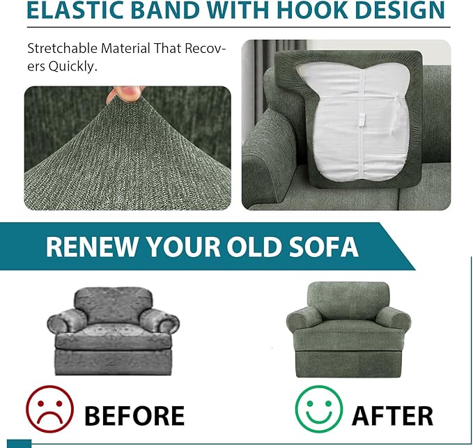 2 Pieces T Cushion Chair Covers with Arms Super Stretch Chair Slipcover for Living Room Pet Dog Universal Slip Cover Anti Slip Armchair Furniture Protector (Green, 1 Cushion)