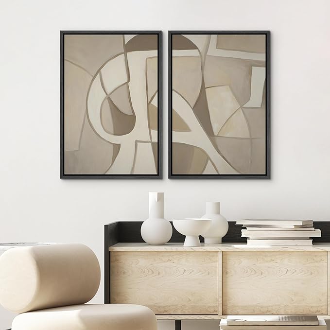 SIGNWIN Framed Canvas Print Wall Art Set Neutral Abstract Geometric Modern Minimalist Beige and Cream Illustrations Minimal Decorative Zen Bohemian for Living Room, Bedroom, Office - 24"x36"x2 Black