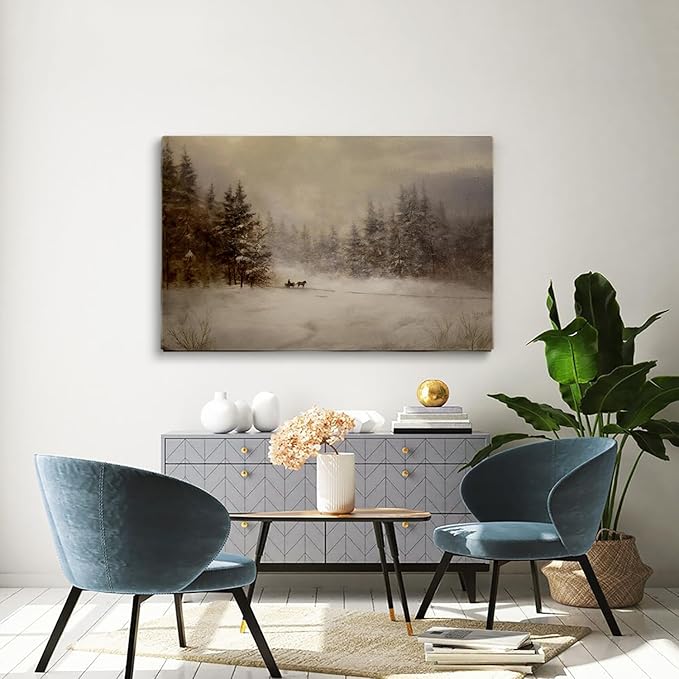 Rustic Winter Landscape Wall Print: Snowy Farmhouse Country Art,Antiques Winter Print,Mid-Century Country Farmhouse Decor