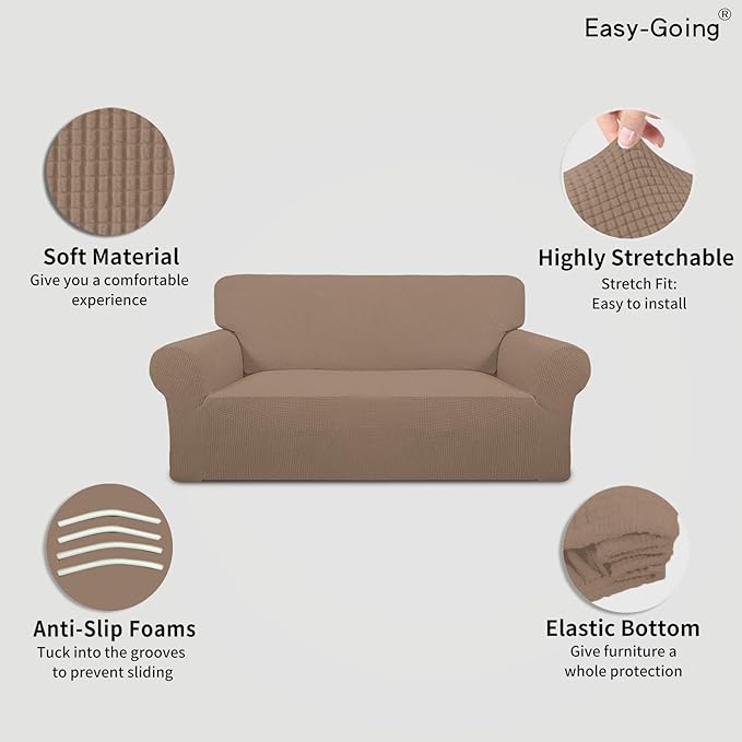 Easy-Going Stretch Loveseat Slipcover 1-Piece Sofa Cover Furniture Protector Couch Soft with Elastic Bottom for Kids Polyester Spandex Jacquard Fabric Small Checks (Loveseat, Camel)