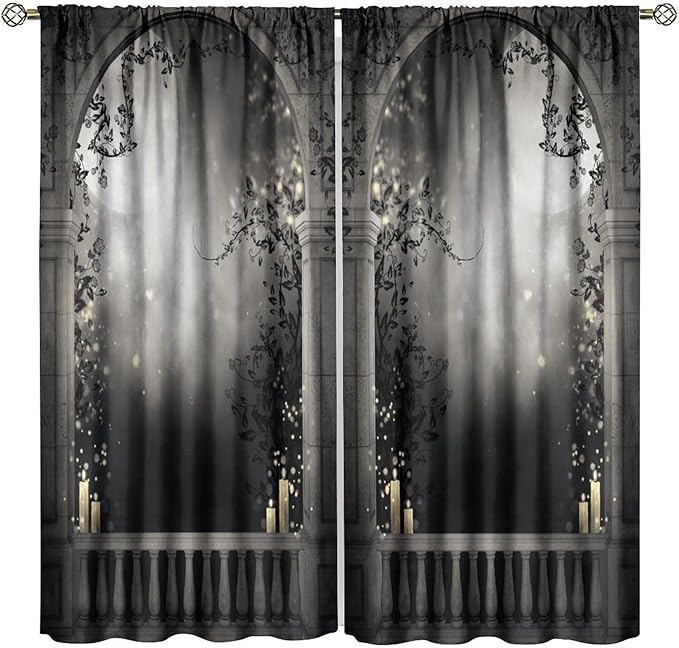 Gothic Moon Blackout Curtains, Vintage Mid Century Gothic Castle Watercolor Rustic Old Architecture Window Drapes, for Living Room Bedroom 26(W)*84(L) 2 Panels