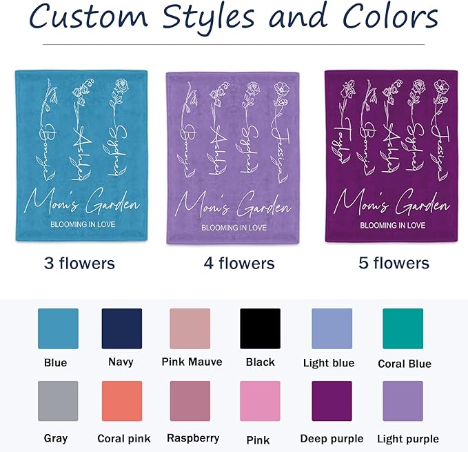 Ships Next Day, Personalized Christmas Mom Blanket Gift, Custom Blanket with Kids Name and Birth Month Flowers, Birthday Gifts for Mom from Daughter Son, Personalized Gifts for Grandma,Wife