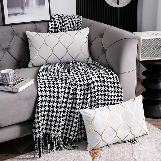Gold Velvet Throw Pillow Covers Off White: 2 Pack 12x20 Inch Rectangular Decorative Pillow Cases for Bedroom Sofa Couch Living Room