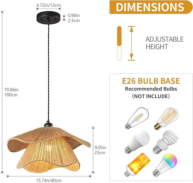 Farmhouse Hand-Woven Rattan Pendant Light Fixture Bohemian Chandelier Woven Wicker Pendant Lighting for Kitchen Island, Dining Room, Bedroom Room,Hallway