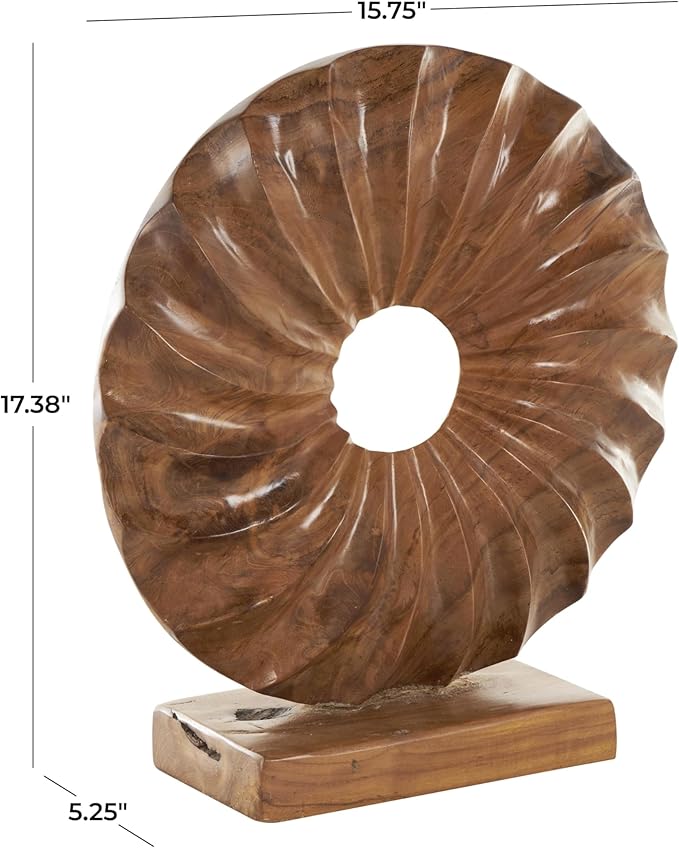 Deco 79 Teak Wood Abstract Handmade Decorative Sculpture Dimensional Circular Home Decor Statue with Center Cutout, Accent Figurine 16" x 5" x 17", Brown