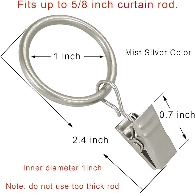 44 Pack Curtain Rings with Clips, Curtain Clip Rings Hooks, Bow Hanger Clips for Hanging Drapery Drapes Bows, Ring 1 inch Interior Diameter, Fits up to 5/8" Rod, Matte Silver