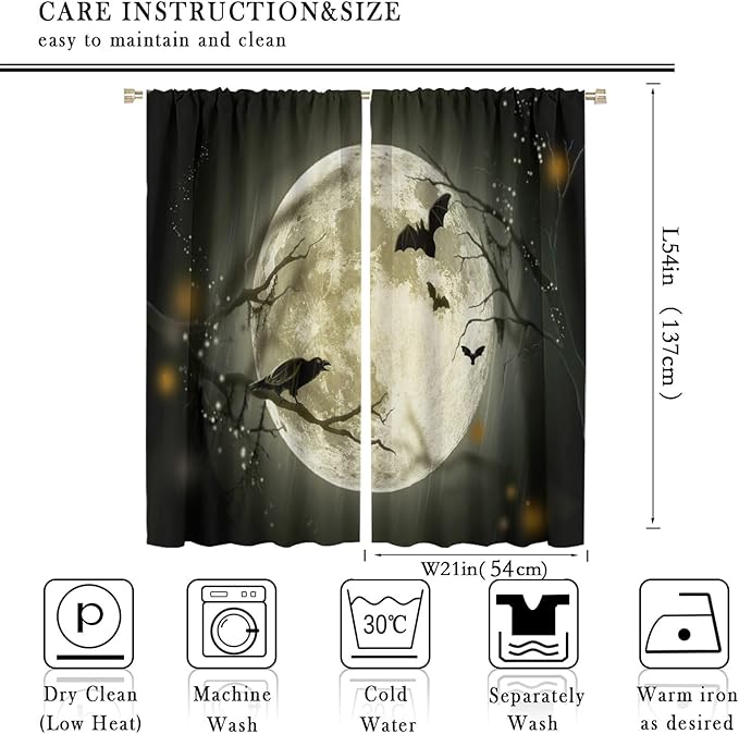 Gothic Halloween Full Moon Blackout Curtains, Gothic Halloween Night Black Bat Crow Print Window Drapes, for Kids Boys Bedroom Living Room 21(W)*54(L) 2 Panels