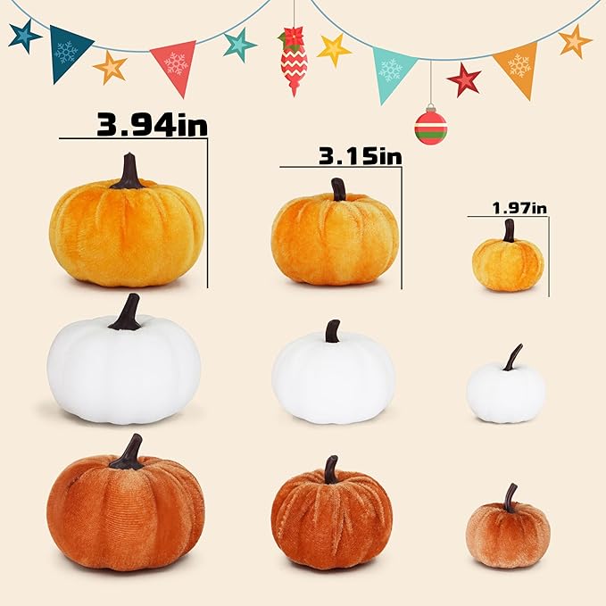 12 Faux Flocked Pumpkins, Perfect for Fall Harvest, Halloween, or Thanksgiving Table Centerpieces(12, Gold, White, and Brick Red)