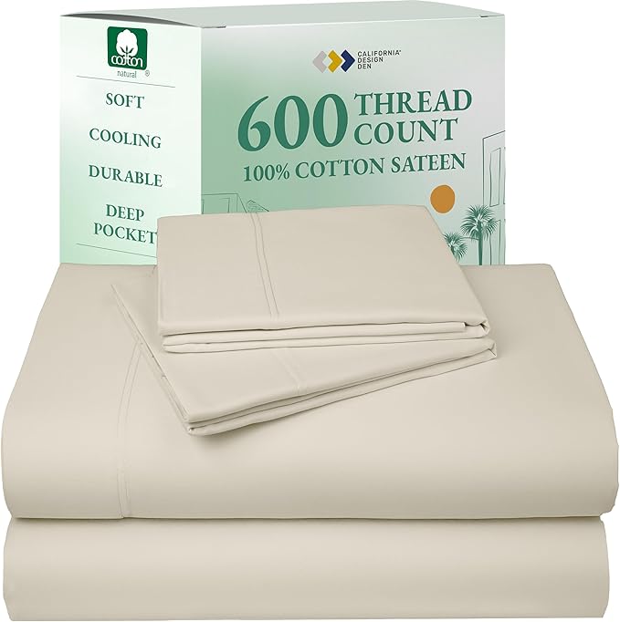 California Design Den Queen Size Sheet Set - Luxury 600 Thread Count Sateen, 100% Cotton Sheets, Deep Pockets, All Around Elastic for a Snug Fit, Hotel Quality Bedding Set - Ivory (Warm Cream)