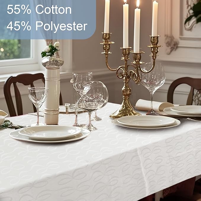 Off White Fabric Table Cloth Rectangle, 1PC Washable Tablecloth 60"x84" (Seats 6-8) - Cotton Blend - Wedding Tablecloths for Reception, Reusable Table Cover for Birthday Party, Luxury Bows Jacquard