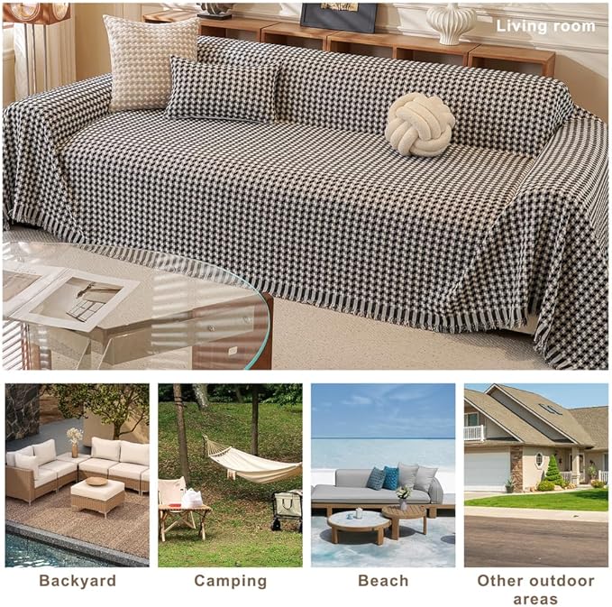 ROOMLIFE Thicked Checkered Boho Black Couch Cover for 2-3 Cushion Sofa, Chenille Sofa Slipcovers Sectional Sofas Covers for Dog, Non Slip Washable Furniture Protector Soft with Tassel 71''X118''