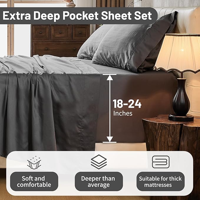 MEISHANG Extra Deep Pocket Cotton Sheets King Size - 100% Egyptian Cotton 1000 Thread Count - Fits 18"-24" in Deep Mattress,Oeko-Tex Certified, Soft & Breathable - 4 Piece (King, Dark Grey)