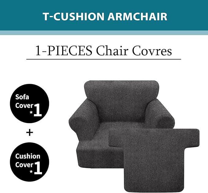 2 Pieces T Cushion Chair Covers with Arms Super Stretch Chair Slipcover for Living Room Pet Dog Universal Slip Cover Anti Slip Armchair Furniture Protector (Dark Gray, 1 Cushion)