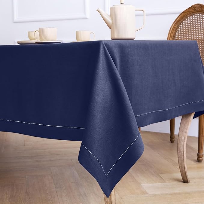 Solino Home Linen Navy Blue Tablecloth 60 x 144 Inch - Classic Hemstitch, 100% Pure Linen Rectangular Tablecloth - Machine Washable Table Cloth for Fall, Autumn, Thanksgiving, Christmas, Winter