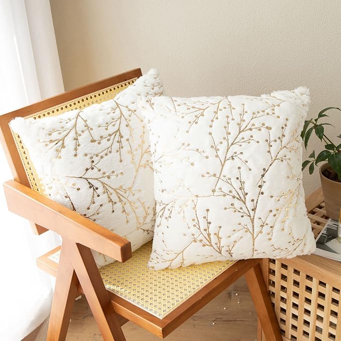 LIGICKY Set of 2 Fluffy White Faux Fur Pillow Covers Gold Branches Glitter Throw Pillows Decorative Soft Furry Sparkling Square Cushion Cases for Sofa Bedroom Party Décor 16x16inch（Double Sided Fur