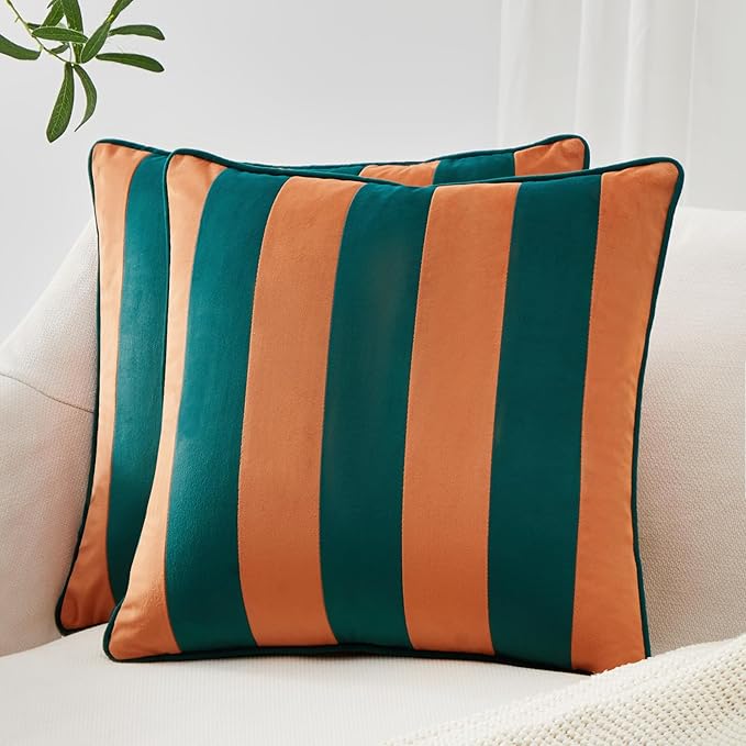 MONDAY MOOSE Decorative Throw Pillow Covers Cushion Cases, Set of 2 Soft Velvet Striped Piping Edge Designs, Pillow Inserts Not Included (Coral/Dark Teal, 18x18 inch)